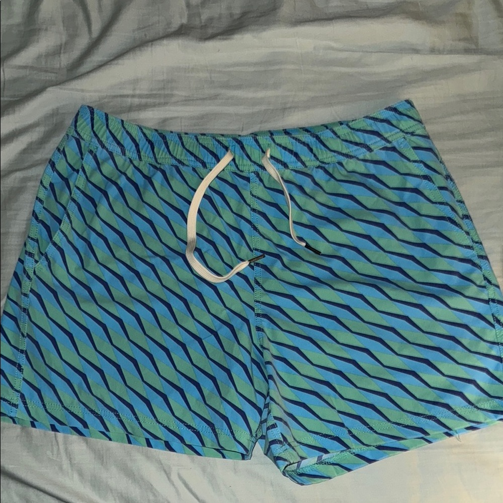 Fair Harbor Men’s Green and Blue Striped Bathing Suit with Liner - Large